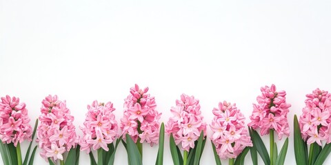 Poster - Minimalistic arrangement of pink hyacinth flowers on a white background with ample space for overlay text green leaves in the foreground