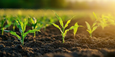 Poster - Close-up of green corn seedlings emerging from rich soil in a field during sunset, showcasing vibrant leaves against a warm, blurred background.