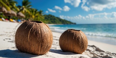 Canvas Print - Coconuts on a tropical beach with white sand and clear blue sea under a bright sky creating a serene vacation atmosphere.