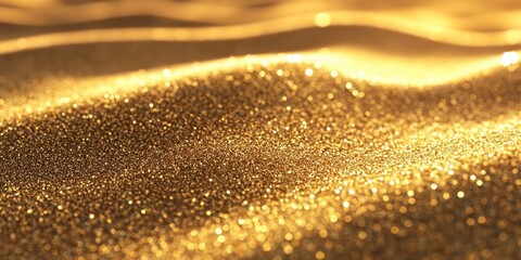 Aufkleber - Golden shimmering sand with soft, undulating waves reflecting warm sunlight, creating a sparkling, textured surface in a tranquil environment.