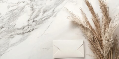 Aufkleber - Elegant white envelope on a marble background alongside dried pampas grass in soft beige tones, arranged for a minimalist and aesthetic composition.