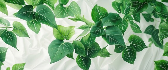 Wall Mural - Vibrant green leaves elegantly arranged on a soft white background showcasing nature's beauty and tranquility in a minimalist style