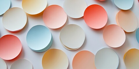 Poster - Colorful paper circles in soft pastels arranged on a white background showcasing shades of blue, peach, and cream in a trendy flat lay composition.