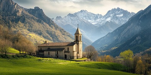 Aufkleber - Scenic countryside view featuring an ancient stone church with a tall bell tower surrounded by lush green fields and majestic snow-capped mountains.