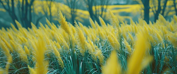 Canvas Print - Vibrant close-up of a canary grass field showcasing lush yellow foliage under soft natural lighting. Ideal for nature and landscape themes.