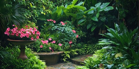 Fototapete - Lush green garden scene showcasing vibrant pink flowers in a blooming arrangement surrounded by rich foliage and a tranquil stone pathway