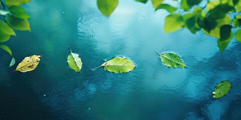 Poster - Serene water scene with green and yellow leaves floating on tranquil blue water enhanced with a calming green and blue filter for visual depth