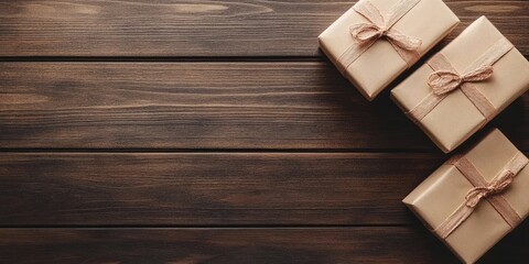 Poster - Three gift boxes wrapped in beige paper with twine, arranged on a dark wooden surface, creating ample empty space on the left for text or branding.