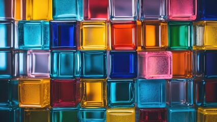 Poster - Colorful glass blocks wall with vibrant hues creating a striking decorative background for design and creative projects.