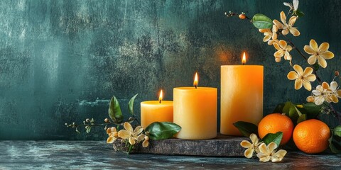 Poster - Scented yellow candles glowing alongside vibrant orange blossoms and fruits on a textured teal background with space for a personalized greeting.