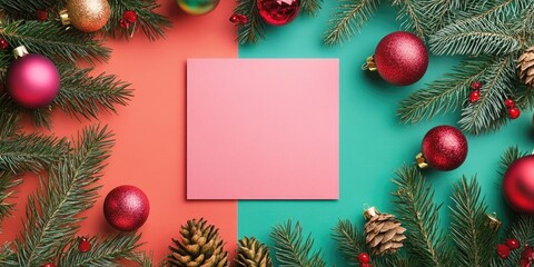 Poster - Christmas themed flat lay with pink square card on vibrant red and teal background surrounded by pine branches, ornaments, and pinecones