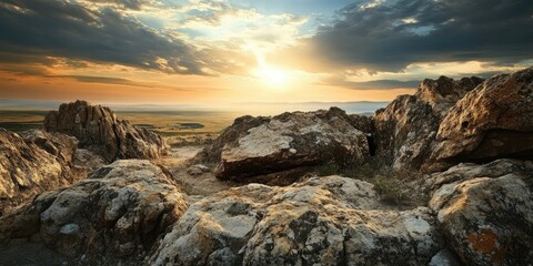 Poster - Sunset over rocky landscape with warm orange and yellow hues contrasting against gray and brown rock formations in foreground and distant hills.