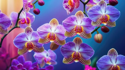 Wall Mural - Vibrant Orchid Flower Arrangement with Soft Focus in Colorful Background for Design Elements and Nature Themes