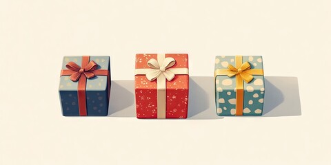 Poster - Colorful gift boxes in blue, red, and yellow against a soft white backdrop, arranged in a row with decorative bows and shadows for depth.
