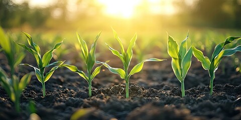 Aufkleber - Green corn seedlings emerge from rich dark soil, backlit by a golden sunrise, creating a vibrant agricultural landscape.