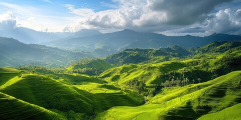 Aufkleber - Lush green terraced hills under a vibrant blue sky with fluffy clouds in the background, showcasing a tranquil rural landscape during daytime.