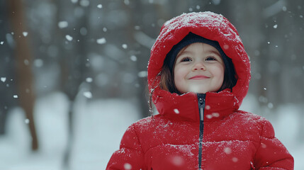 Cute little girl in winter clothes in park during snowfall