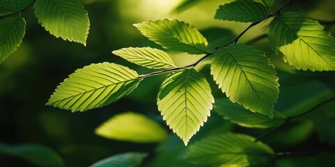 Fototapete - Lush green leaves with detailed textures in a softly lit background showcasing vibrant light and shadows creating a serene natural atmosphere.