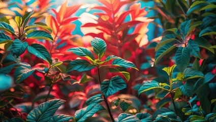 Sticker - Vibrant closeup of lush green and red leaves creating a stunning garden background illuminated by soft sunlight.