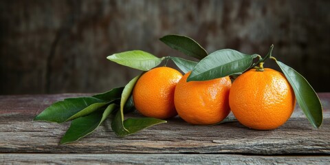 Poster - Mandarins with lush green leaves arranged on a textured wooden surface featuring warm orange tones and rustic background for a vibrant natural look