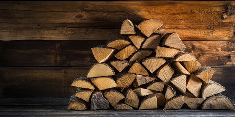 Aufkleber - Stack of neatly arranged firewood logs in warm brown tones against a rustic wooden backdrop. Logs positioned in a pyramid shape on a wooden surface.