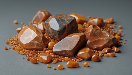 Poster - Close up of vibrant brown and orange carnelian stones arranged on a textured gray surface showcasing natural beauty and geological diversity.