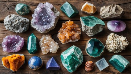 Poster - Diverse collection of colorful minerals and stones displayed on rustic wooden table showcasing natural textures and geological beauty.