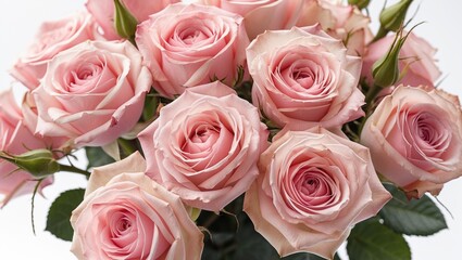 Fototapete - close up of a bouquet of delicate pink roses against a clean white background showcasing their intricate petals and lush green leaves