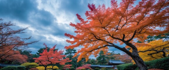 Poster - Vibrant autumn foliage with colorful leaves under a cloudy blue sky in a serene Japanese garden setting