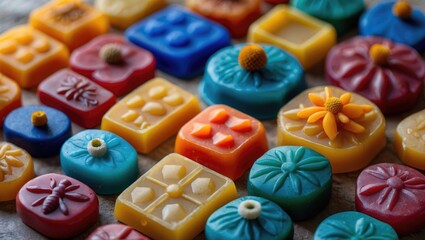 Sticker - Vibrant assortment of handcrafted beeswax stones in various colors and intricate designs showcasing artistic craftsmanship and creativity.