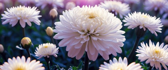 Fototapete - Close up of vibrant white Chrysanthemum Morifolium flowers in full bloom showcasing their delicate petals and lush greenery background.