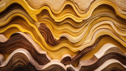 Poster - Curved layers of golden yellow wood exhibiting rich textures and patterns resembling mountain ranges in a close-up view.