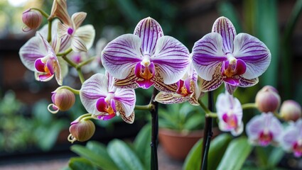 Sticker - Close up shot of vibrant orchid flowers with intricate patterns and rich colors in a lush garden setting showcasing natural beauty.