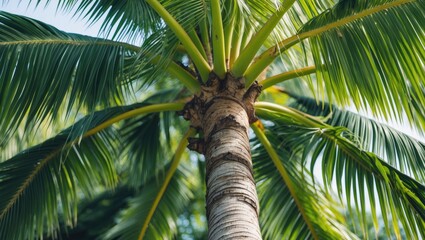 Poster - Fresh Green Palm Tree Branch Closeup with Vibrant Leaves and Trunk Against Clear Sky Ideal for Nature and Relaxation Themes