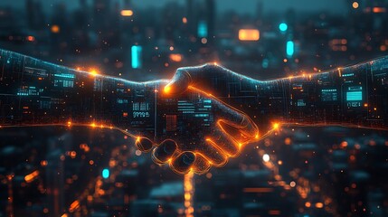 Fototapete - A digital handshake symbolizing the future of finance, overlaying a smart city, real-time trading data, holographic AI stock analytics, neon-infused market visuals, cinematic light effects,