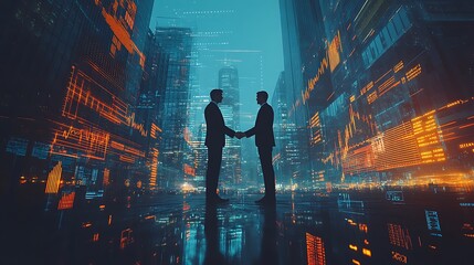 A double exposure of two business professionals shaking hands, seamlessly merging with a modern metropolis, overlaid with glowing stock market graphs, digital financial symbols,