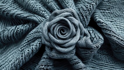 Sticker - Textured gray knit fabric with intricate details and a rose shape, ideal for backgrounds or textile design applications. Close-up shot.