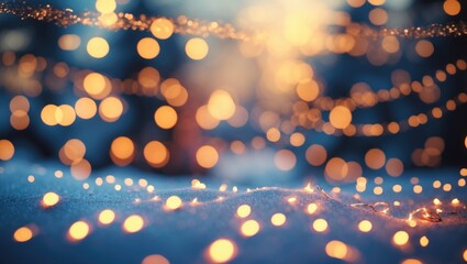 Wall Mural - Holiday lights glowing softly on a snowy surface with a bokeh effect creating a festive atmosphere in a winter setting