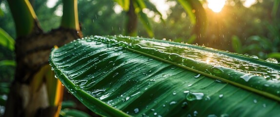 Wall Mural - Morning Dew on Banana Leaf with Sunlight Glimmering Through Tropical Greenery in a Closeup Nature Scene.