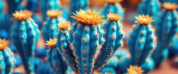 Poster - Vibrant close-up of a blue cactus with golden blooms surrounded by a lush desert landscape showcasing unique natural beauty.