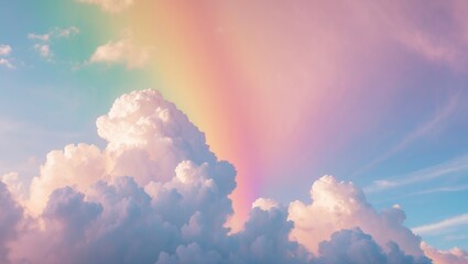 Wall Mural - Pastel rainbow arching over fluffy clouds in a serene sky creating a dreamy and tranquil atmosphere perfect for backgrounds and designs.