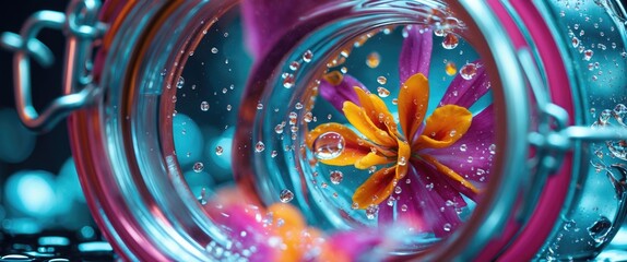 Wall Mural - Close up of an open glass jar filled with water and vibrant flowers surrounded by droplets creating a captivating underwater effect.