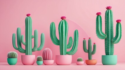 Sticker - Colorful arrangement of various cacti in modern pots against a pastel pink background