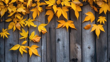 Canvas Print - Autumn leaves in vibrant yellow and orange hues against a rustic wooden wall, creating a serene background for seasonal text or design.