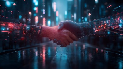 Fototapete - A powerful depiction of financial success, combining a business handshake with an advanced digital economy, streaming stock data, AI financial advisors, blockchain infrastructure,