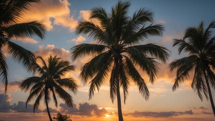 Poster - Coconut Palm Trees Silhouetted Against a Vibrant Sunset Sky with Colorful Clouds and Warm Light on a Serene Beach Landscape