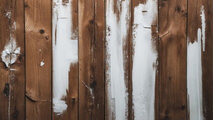 Wall Mural - Wooden wall texture with white paint strokes on brown planks abstract background