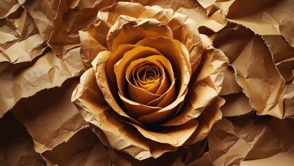 Wall Mural - Brown paper rose flower on crumpled brown paper background in a top view composition