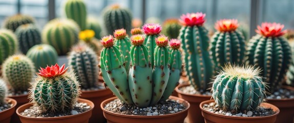 Wall Mural - Vibrant Succulent Cacti in Pots Under Bright Sunlight in a Greenhouse Displaying Diverse Colors and Unique Shapes for Gardens and Home Decor