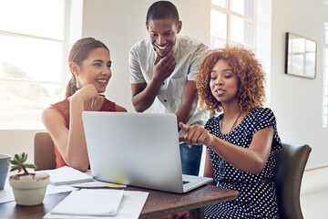 Poster - Graphic designer, laptop and happy people in startup for meeting, development and collaboration. Brainstorming, smile and creative strategist in workplace for project, planning or teamwork in office